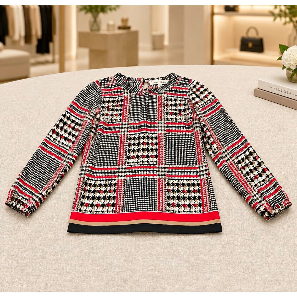 Anne Klein Women's Plaid V-Neck Long Sleeve Half Zip Blouse Multicolor M